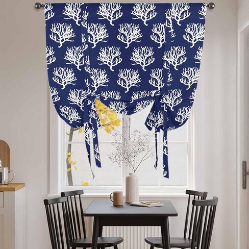 Navy Blue Coral Tie Up Curtains for Window, Coastal Nautical Ocean Life Thermal Insulated Balloon Shade Adjustable Rod Pocket Curtains Valance Panels for Kitchen Bathroom Café 52'' x 45'' in Saudi Arabia