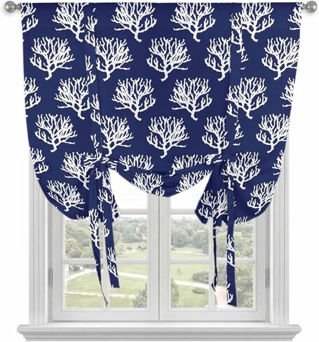 Navy Blue Coral Tie Up Curtains for Window, Coastal Nautical Ocean Life Thermal Insulated Balloon Shade Adjustable Rod Pocket Curtains Valance Panels for Kitchen Bathroom Café 52'' x 45'' in Saudi Arabia