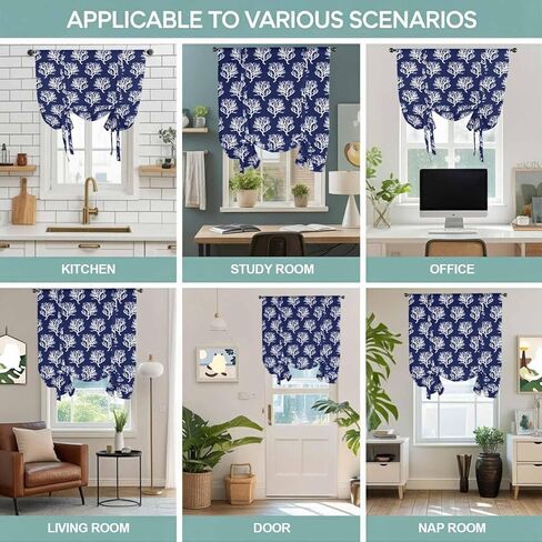 Navy Blue Coral Tie Up Curtains for Window, Coastal Nautical Ocean Life Thermal Insulated Balloon Shade Adjustable Rod Pocket Curtains Valance Panels for Kitchen Bathroom Café 52'' x 45'' in Saudi Arabia