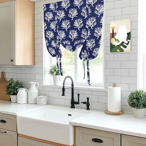 Navy Blue Coral Tie Up Curtains for Window, Coastal Nautical Ocean Life Thermal Insulated Balloon Shade Adjustable Rod Pocket Curtains Valance Panels for Kitchen Bathroom Café 52'' x 45'' in Saudi Arabia