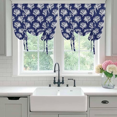Navy Blue Coral Tie Up Curtains for Window, Coastal Nautical Ocean Life Thermal Insulated Balloon Shade Adjustable Rod Pocket Curtains Valance Panels for Kitchen Bathroom Café 52'' x 45'' in Saudi Arabia