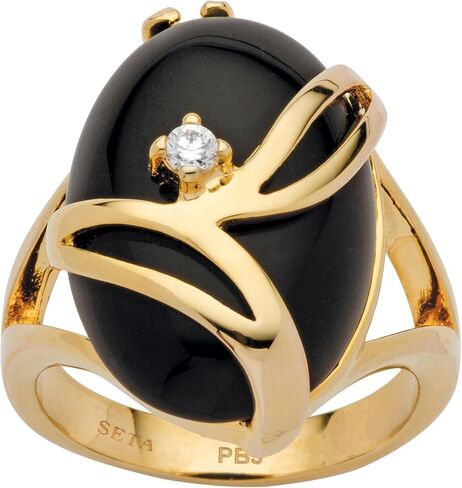 Palm Beach Jewelry Yellow Gold-Plated Oval Shaped Natural Black Onyx and Round Crystal Ring in Saudi Arabia