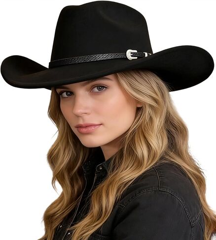 IZUS Classic-Western Felt-Cowboy-Hat for Men-Women Solid-Color Roll-Up-Brim Cowgirl-Hat with Rivets Rhinestones Decor Medium in Kuwait