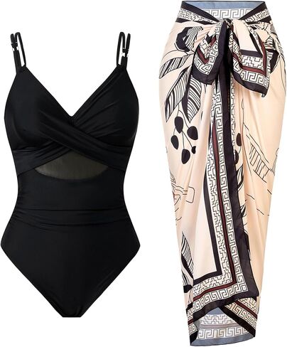 Women’s One Piece Mesh Swimsuit Tummy Control Slimming Bathing Suit with Wrap Skirt Cover Up Set in Saudi Arabia