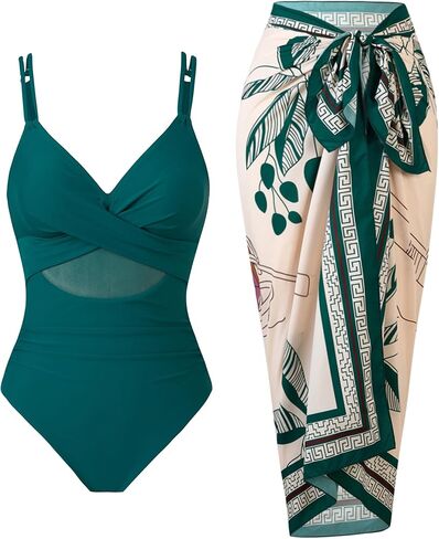 Women’s One Piece Mesh Swimsuit Tummy Control Slimming Bathing Suit with Wrap Skirt Cover Up Set in Saudi Arabia