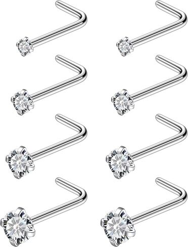 Ruifan ASTM F136 Titanium Nose Rings 18G 20G 22G Clear Round Cubic Zirconia Nose Studs Ring Screw L-Shaped Bone Hypoallergenic Body Piercing Jewelry for Women 1.5mm 2mm 2.5mm 3mm 8PCS in Saudi Arabia