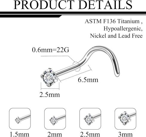 Ruifan ASTM F136 Titanium Nose Rings 18G 20G 22G Clear Round Cubic Zirconia Nose Studs Ring Screw L-Shaped Bone Hypoallergenic Body Piercing Jewelry for Women 1.5mm 2mm 2.5mm 3mm 8PCS in Saudi Arabia