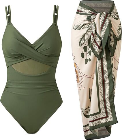 Women’s One Piece Mesh Swimsuit Tummy Control Slimming Bathing Suit with Wrap Skirt Cover Up Set in Saudi Arabia