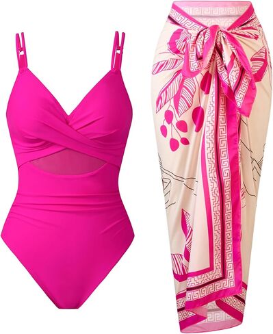 Women’s One Piece Mesh Swimsuit Tummy Control Slimming Bathing Suit with Wrap Skirt Cover Up Set in Saudi Arabia