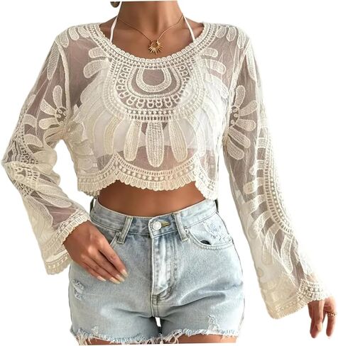 Sheer Tops for Women Floral Embroidered Top Boho Semi-Sheer Round Neck Lace Long Sleeve Tops for Women Lightweight Comfort for Beach Travel Beige in Kuwait