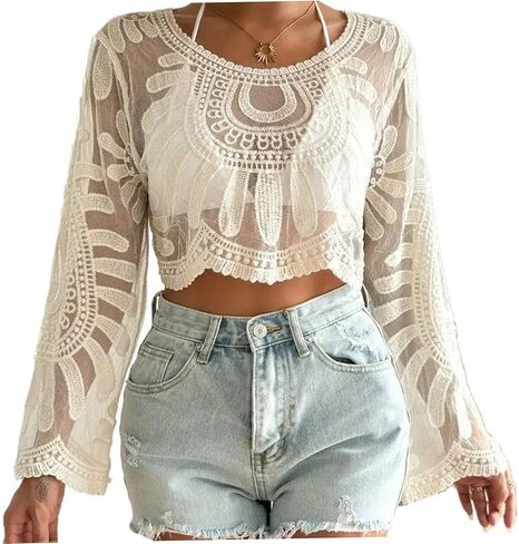 Sheer Tops for Women Floral Embroidered Top Boho Semi-Sheer Round Neck Lace Long Sleeve Tops for Women Lightweight Comfort for Beach Travel Beige in Kuwait