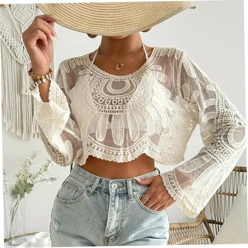Sheer Tops for Women Floral Embroidered Top Boho Semi-Sheer Round Neck Lace Long Sleeve Tops for Women Lightweight Comfort for Beach Travel Beige in Kuwait