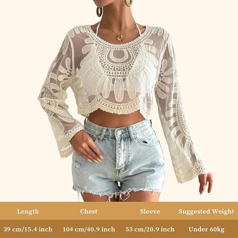 Sheer Tops for Women Floral Embroidered Top Boho Semi-Sheer Round Neck Lace Long Sleeve Tops for Women Lightweight Comfort for Beach Travel Beige in Kuwait