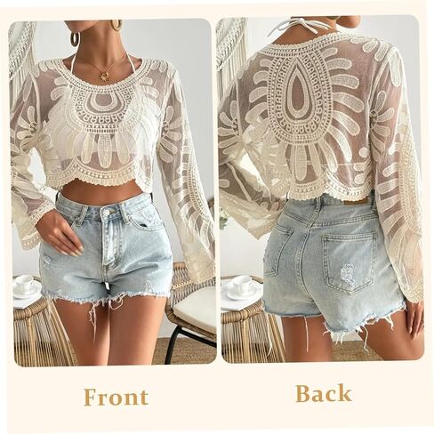 Sheer Tops for Women Floral Embroidered Top Boho Semi-Sheer Round Neck Lace Long Sleeve Tops for Women Lightweight Comfort for Beach Travel Beige in Kuwait
