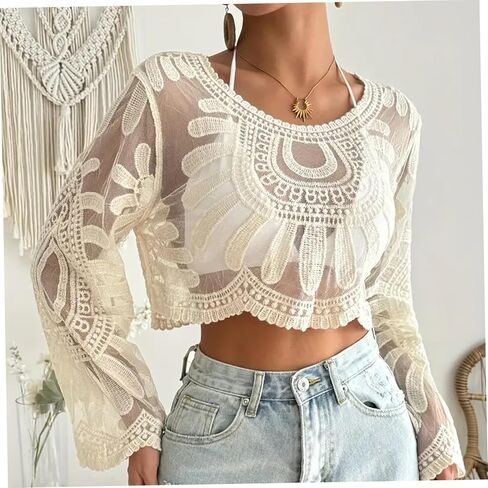 Sheer Tops for Women Floral Embroidered Top Boho Semi-Sheer Round Neck Lace Long Sleeve Tops for Women Lightweight Comfort for Beach Travel Beige in Kuwait