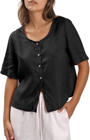 Amazhiyu Women's 100% Linen Square Neck Blouse Short Sleeve Button Down Crop Tops in Saudi Arabia