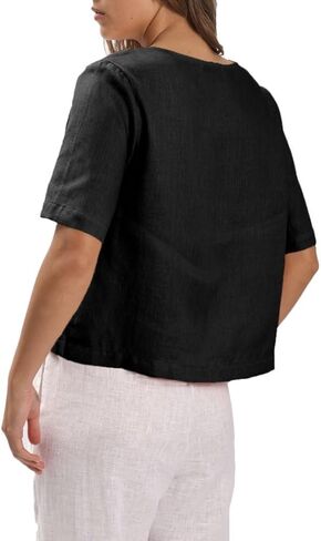 Amazhiyu Women's 100% Linen Square Neck Blouse Short Sleeve Button Down Crop Tops in Saudi Arabia