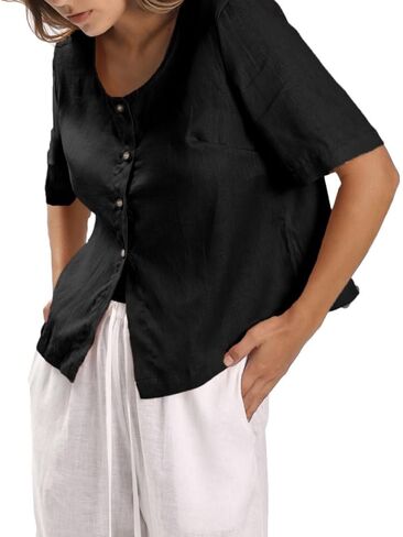 Amazhiyu Women's 100% Linen Square Neck Blouse Short Sleeve Button Down Crop Tops in Saudi Arabia