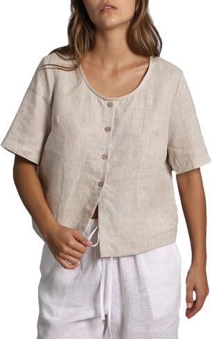 Amazhiyu Women's 100% Linen Square Neck Blouse Short Sleeve Button Down Crop Tops in Saudi Arabia