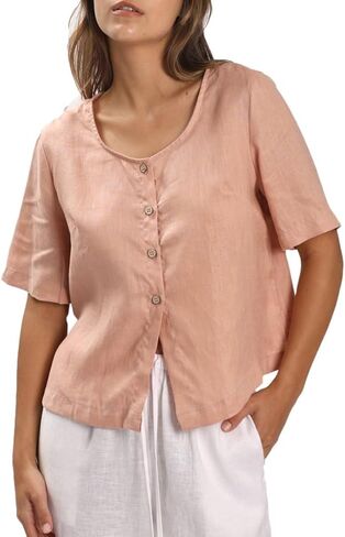 Amazhiyu Women's 100% Linen Square Neck Blouse Short Sleeve Button Down Crop Tops in Saudi Arabia