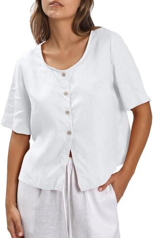 Amazhiyu Women's 100% Linen Square Neck Blouse Short Sleeve Button Down Crop Tops in Saudi Arabia