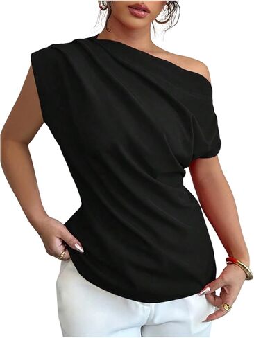 SweatyRocks Women's One Shoulder Short Dolman Sleeve Ruched Blouses Work Shirts in Saudi Arabia