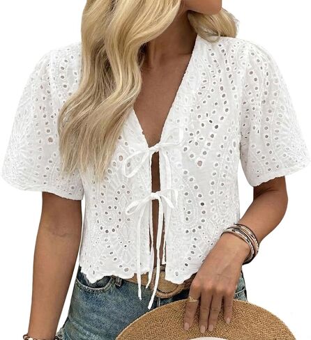 Women's Summer Vacation Eyelet Lace Blouse 100% Cotton Tie Front Short Sleeve Cropped Top in Kuwait