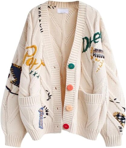 Women's Cable Knit Open Front Cardigan V-Neck Button Down Embroidery Wool Blend Sweater Coat in Kuwait