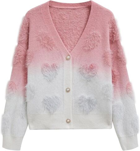 CHICWISH Women Cute Ombre Fuzzy Heart Button Down Cardigan V Neck Long Sleeve Soft Valentines Knit Sweater Coat Pink in Saudi Arabia