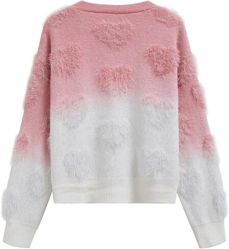 CHICWISH Women Cute Ombre Fuzzy Heart Button Down Cardigan V Neck Long Sleeve Soft Valentines Knit Sweater Coat Pink in Saudi Arabia