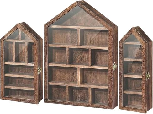 Trinket Shelf Display with Door (Set of 3), Solid Wood Knick Knack Shelf for Wall, House Shaped Curio Display Case Shadow Box for Miniatures, Crystals, Rocks & Collectibles (Brown) in Saudi Arabia