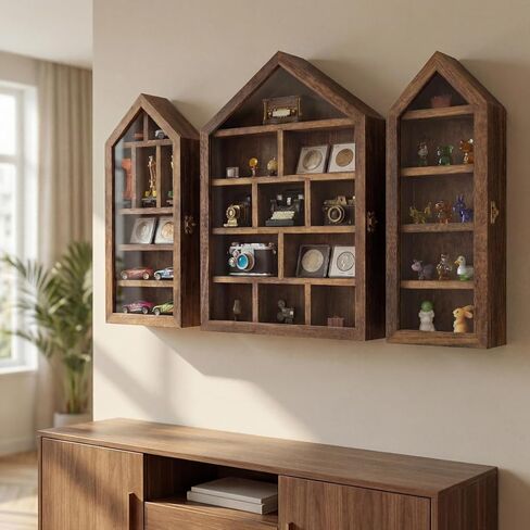 Trinket Shelf Display with Door (Set of 3), Solid Wood Knick Knack Shelf for Wall, House Shaped Curio Display Case Shadow Box for Miniatures, Crystals, Rocks & Collectibles (Brown) in Saudi Arabia