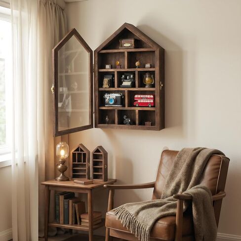 Trinket Shelf Display with Door (Set of 3), Solid Wood Knick Knack Shelf for Wall, House Shaped Curio Display Case Shadow Box for Miniatures, Crystals, Rocks & Collectibles (Brown) in Saudi Arabia