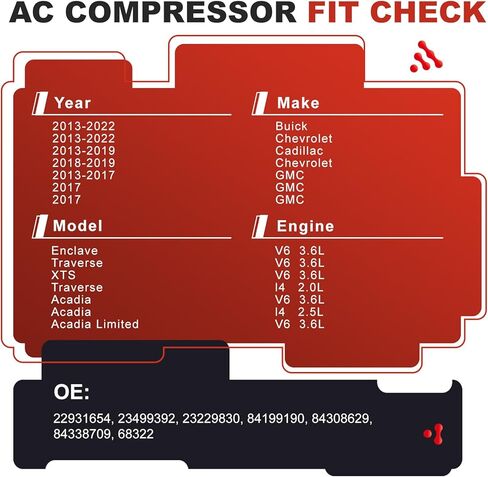 AC Compressor for Buick/Chevrolet/Cadillac/GMC 2013-2022 (3.6L V6, 2.0L/2.5L L4) | OE Replaces 22931654,23229830,84308629,68322 | A/C Compressor & Component Kit | Restores Powerful Cooling in Kuwait