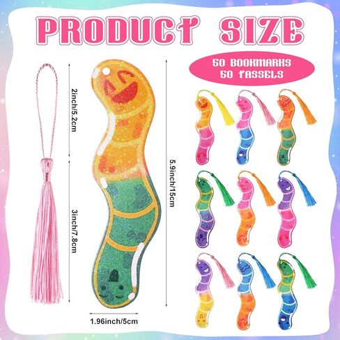 Ctosree 100 Pack Worm Bookmarks Bulk 50 Pcs Holographic Glitter Gummy Bookworm Bookmark and 50 Pcs Tassel for Book Lovers Bookworm Fun Book Marks for Reading Adults Funny Gift Party Favor in Saudi Arabia