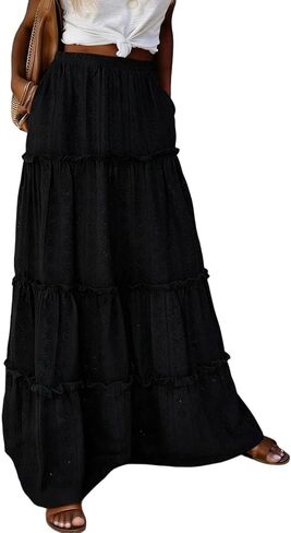 Maxi Skirts for Women Summer Eyelet Lace Boho Flowy Long Tiered Ruffle Skirt with Pockets Elastic High Waisted A Line in Saudi Arabia