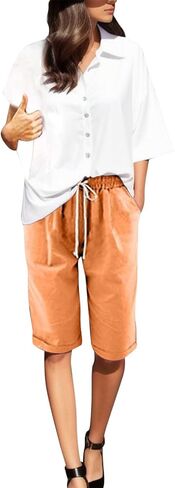 Bermuda Shorts for Women Cotton Knee Length Plus Size Dressy Casual Bermudas with Drawstring in Saudi Arabia