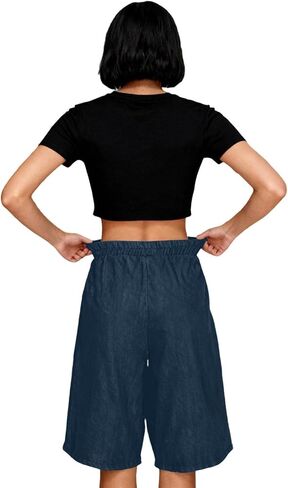 Jean Bermuda Shorts for Women with Pockets Elastic High Waisted Stretchy Denim Knee Length Summer Travel Work Vacation in Saudi Arabia
