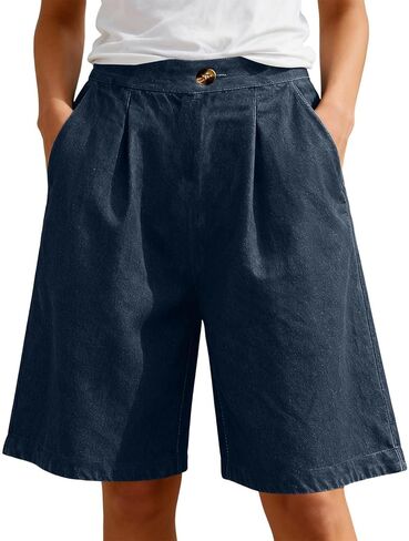 Jean Bermuda Shorts for Women with Pockets Elastic High Waisted Stretchy Denim Knee Length Summer Travel Work Vacation in Saudi Arabia
