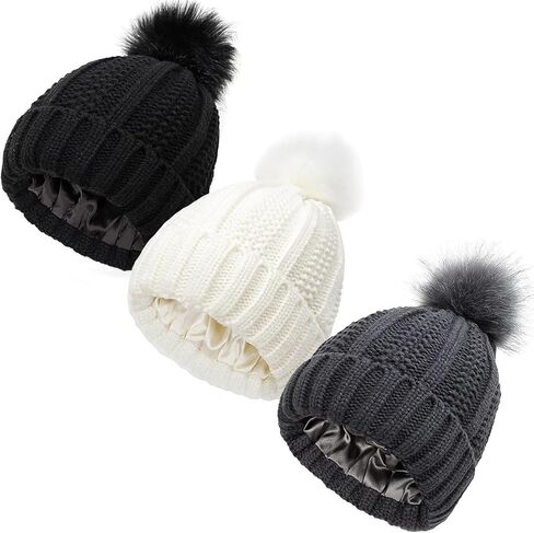 3pcs Satin Lined Winter Hat with Pompom, Unisex Silk Inside Beanie Hats Bulk Cable Knit Chunky Skull Cap in Kuwait