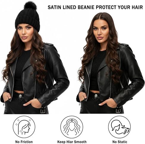 3pcs Satin Lined Winter Hat with Pompom, Unisex Silk Inside Beanie Hats Bulk Cable Knit Chunky Skull Cap in Kuwait