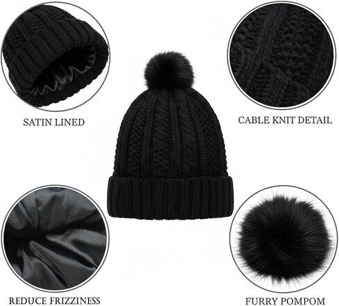 3pcs Satin Lined Winter Hat with Pompom, Unisex Silk Inside Beanie Hats Bulk Cable Knit Chunky Skull Cap in Kuwait