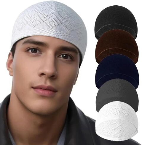 5Pcs Arab Muslim Hat, Openwork Knitted Breathable Traditional Prayer Cap, Suitable for Both Men and Women Multicolor in Saudi Arabia