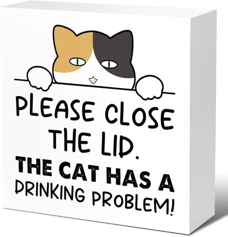 LVQHI Funny Bathroom Cat Sign Decor, Put the Lid Down the Cat has a Drinking Problem Humorous Wood Box Sig, Funny Humorous Cat Bathroom Accessories Decor, Cat Owner Decoration 5"L x 5"W V585 in Kuwait