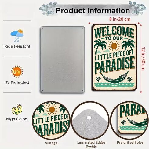 FunnySign Welcome to Our Little Piece of Paradise Vintage Tin Sign for Outdoor Porch Patio Garden Bar Decor 8x12 Inch(3991) in Saudi Arabia