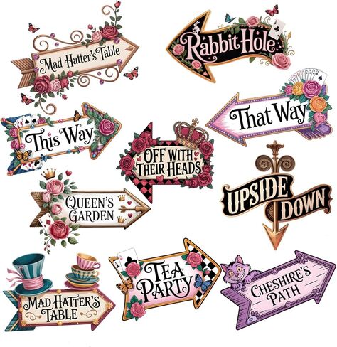 مرحبًا بكم في علامة أسهم اتجاه بلاد العجائب، 10 علامات ديكورات حفلات بلاد العجائب، ديكور في الغرفة لمحبي أليس in Kuwait