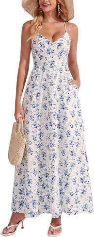 فستان نسائي طويل مزين بالزهور كاجوال بياقة على شكل V وحزام سباغيتي وأربطة سموكيد على شكل حرف A فساتين بوهو للعطلات مع جيوب in Kuwait