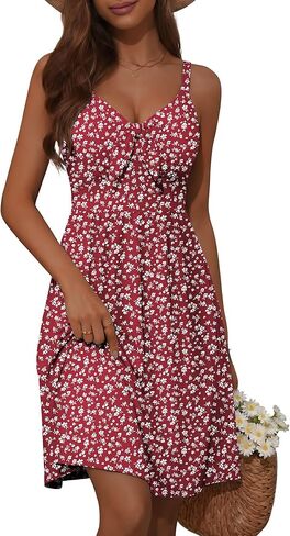 Loemes Women's Summer Casual Floral V Neck Sundresses with Pockets Cute Bow Tie Beach Adjustable Straps A Line Midi Dress in Kuwait