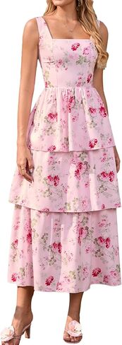 HTZMO Summer Floral Tiered Ruffle Corest Midi Sundress Casual Flowy A Line Tie Wedding Guest Dresses for Women 2026 in Kuwait