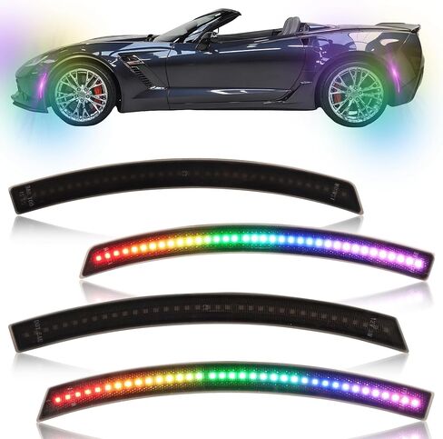 RGB Full LED Side Marker Lights for 2014-2019 Chevy Corvette C7/Z06/ZR1, [4 Modes 16 Colors] Multi-Color RGB Marker Lamps, Front & Rear Smoked Lens Bumper Assembly with Remote Strobe, 4PCS in Kuwait